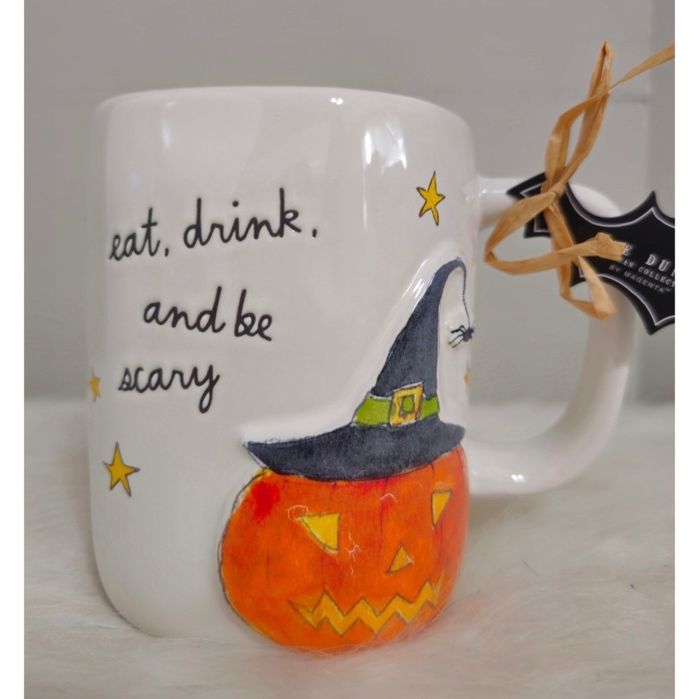 Rae Dunn Halloween Eat Drink and Be Scary Pumpkin Witch Hat Ceramic Mug NWT
